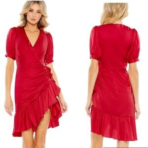 Ieena for Mac Duggal Red Short Puff Sleeve Faux Wrap Mini Dress Size 0